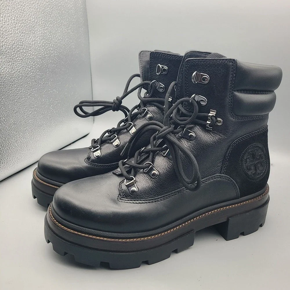 Tory Burch Women Boots Miller Lug Hiker Combat Black Lace Leather Logo 9.5 New